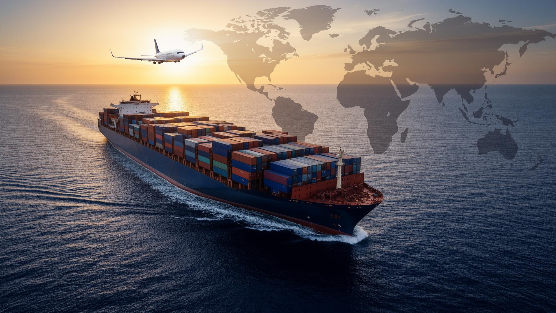 Container ship crossing ocean at sunset