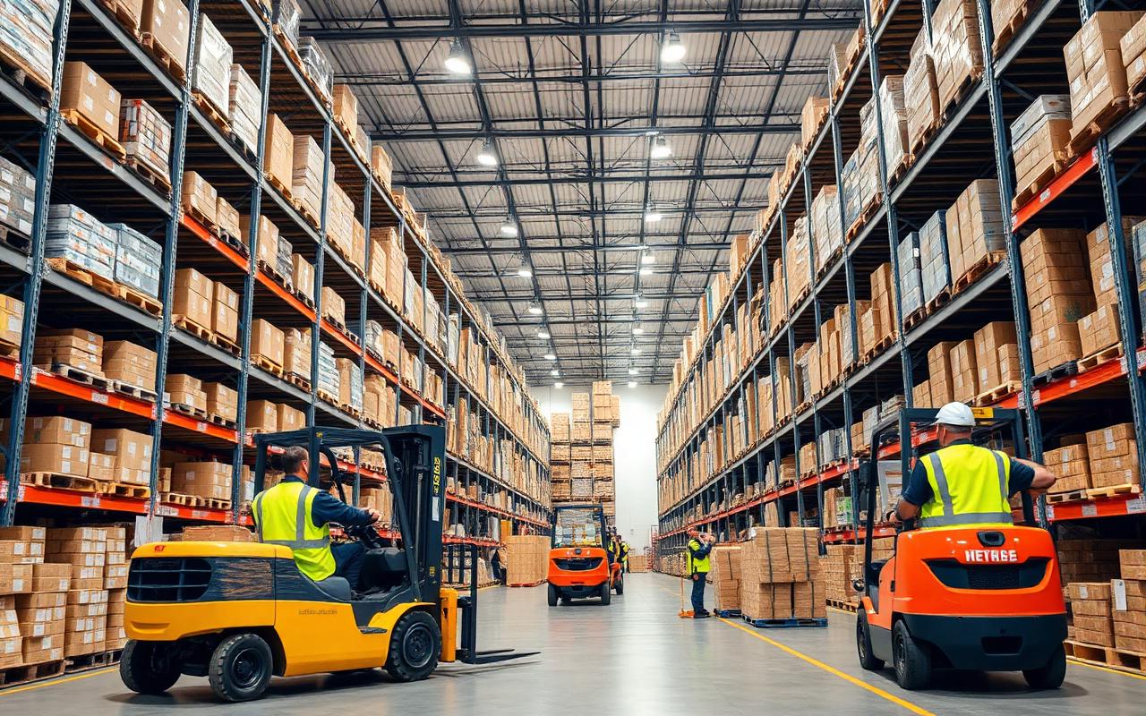 Modern logistics warehouse with forklifts and high racks